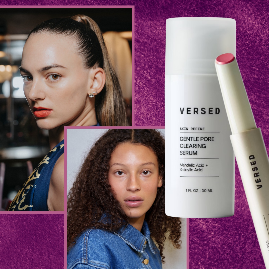 versed products on a purple backgorund next to models