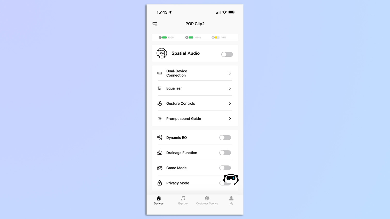 screenshot taken from the SoundPEATS app for the SoundPEATS UU2 earbuds showing the settings
