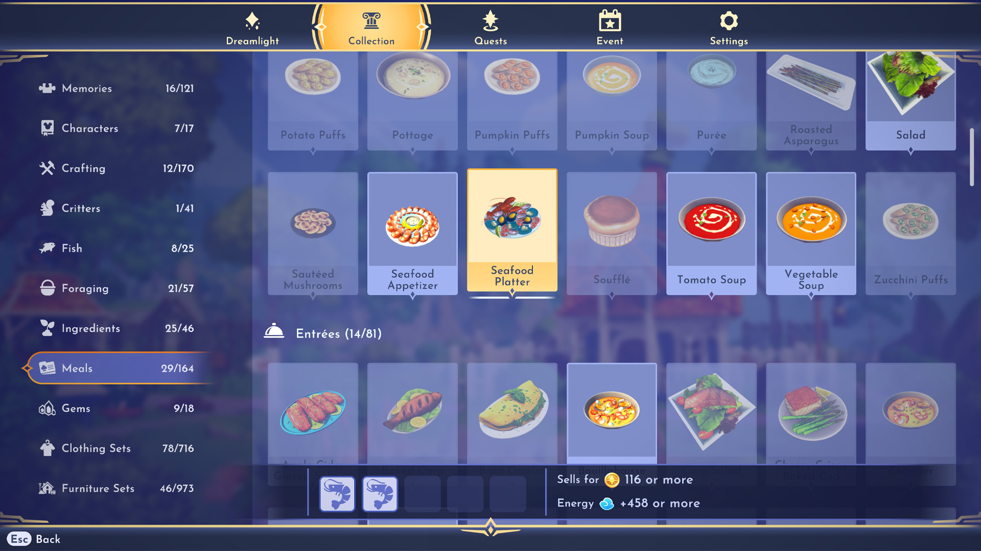 Disney Dreamlight Valley recipe collection menu