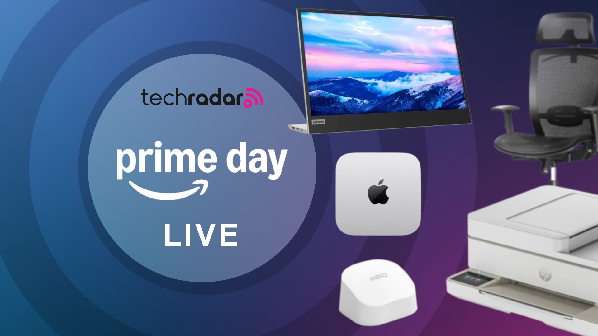 Portable monitor, Wi-Fi router, Mac mini, office chair, and printer next to a TechRadar badge reading 'Prime Day Live'