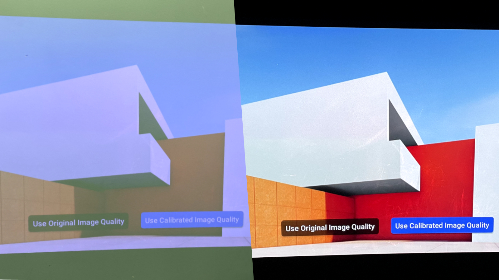 Image shows the difference between the image clarity on a colored wall in bright light and darkness, and the difference between the automatic color correction.