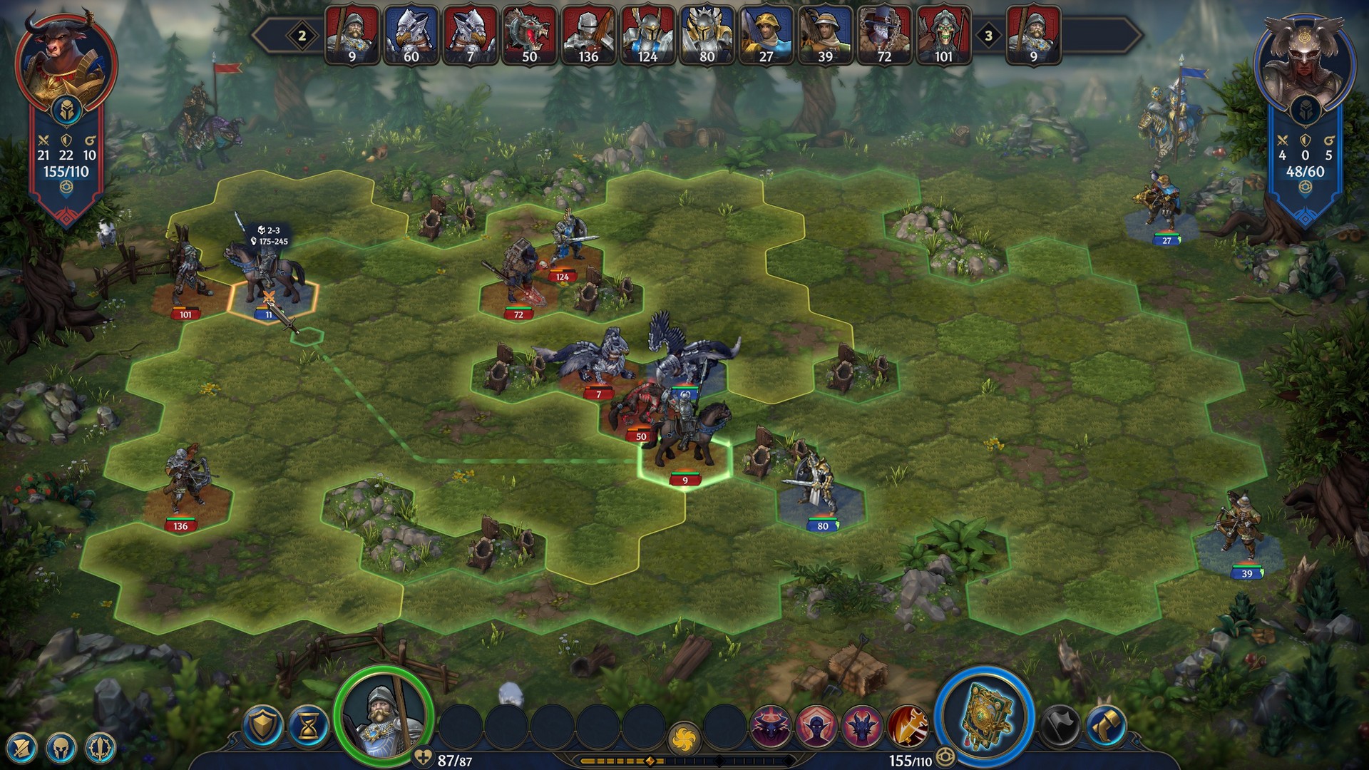 A dungeon army fights temple on an open field in Heroes of Might and Magic: Olden Era