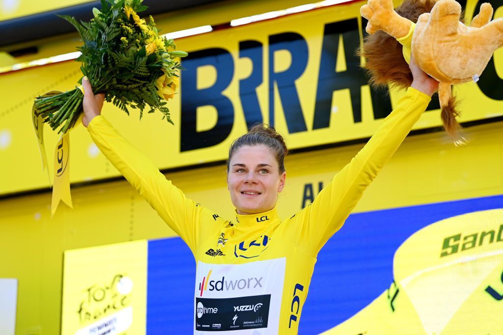 ALBI FRANCE JULY 27 Lotte Kopecky of Belgium and Team SD Worx Protime Yellow Leader Jersey celebrates at podium during the 2nd Tour de France Femmes 2023 Stage 5 a 1261km stage from OnetleChteau to Albi 572m UCIWWT on July 27 2023 in Albi France Photo by Tim de WaeleGetty Images