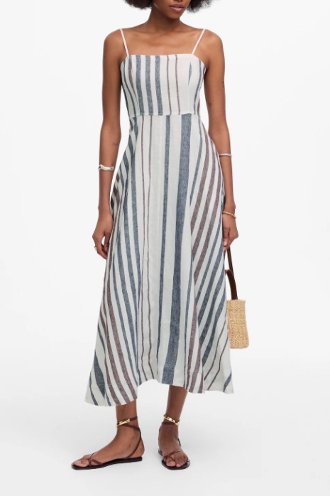 Pleated Button Front Linen Midi Shirtdress