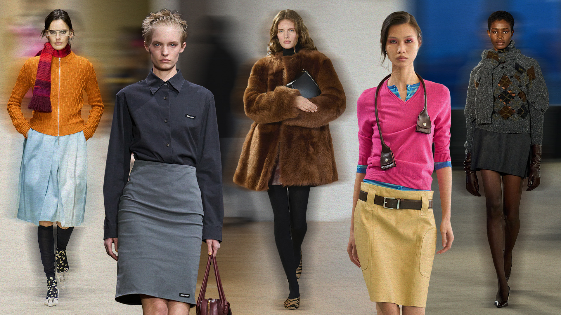 Collage of Prada, Miu Miu, Toteme, Paloma Wool, and Kallmeyer fall/winter 2026 models.