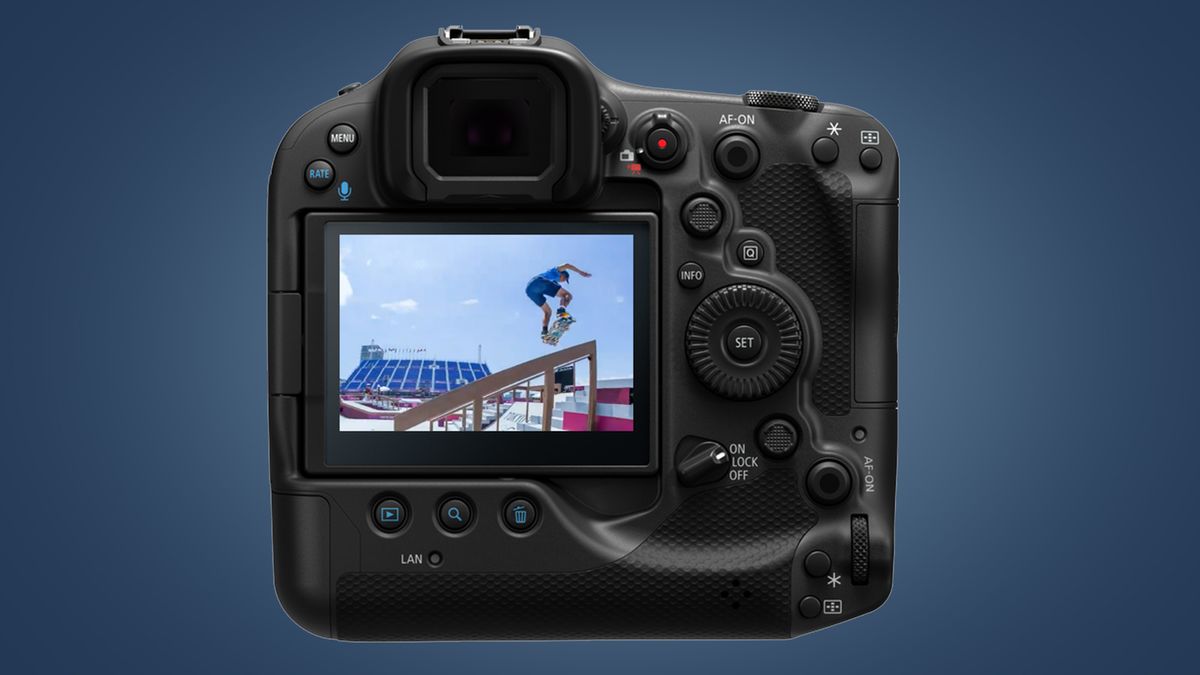 The rear screen of the Canon EOS R3 showing a skateboarder at the Olympics