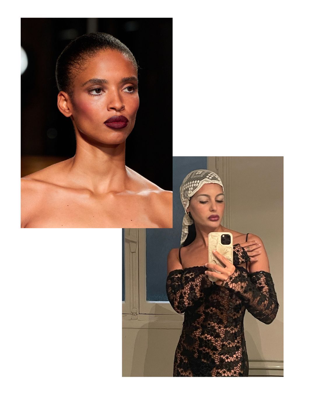 Two people wearing dark red lips.