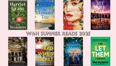 A collage shows 8 book covers, and the text 'w&h summer reads 2025'. The books include Harriet Evans' The Treasures, Karin Slaughter's We Are All Guilty Here, Mel Robbins' The Let Them Theory and more