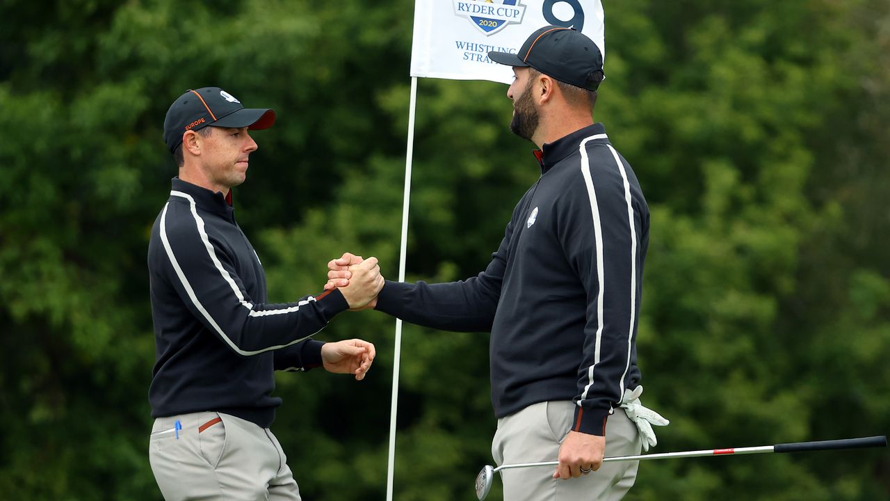 Rory McIlroy and Jon Rahm in a practice round before the 2021 Ryder Cup at Whistling Straits