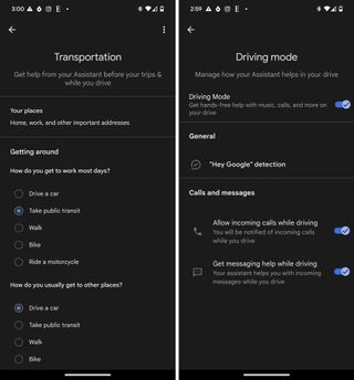 Screenshots showing setup for Driving Mode on Android.