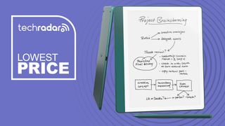 The Jade Metallic Amazon Kindle Scribe (2024) in front of a purple background featuring the words 'lowest price'.