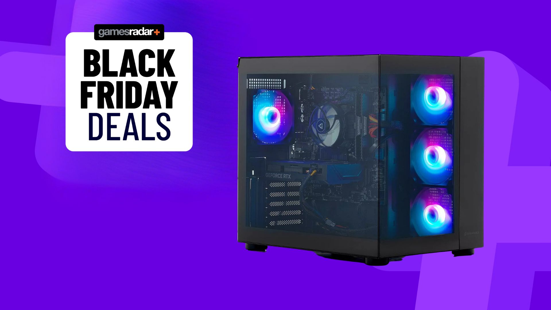 A StormforceFV150 gaming PC on a Black Friday deals background