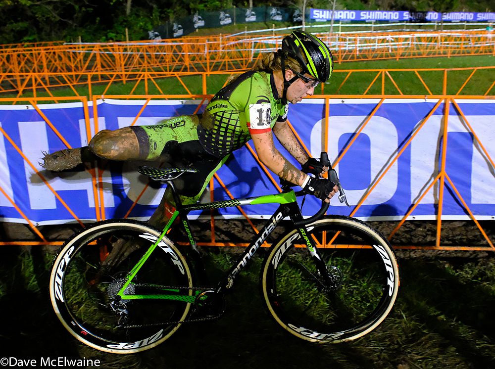 Emma White (Cannondale) was taking a new bike every half lap
