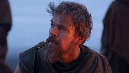 Odysseus (Matt Damon) looks astonished in The Odyssey.