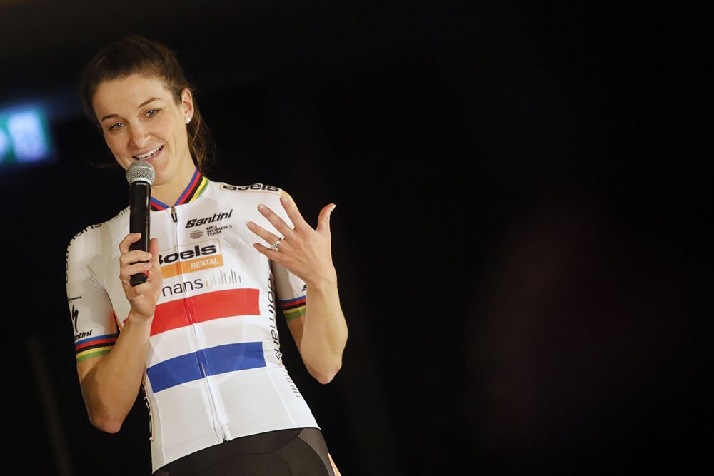 Lizzie Deignan at the Boels Dolmans team presentation 2018 speaking on stage