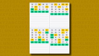 Quordle Daily Sequence answers for game 995 on a yellow background