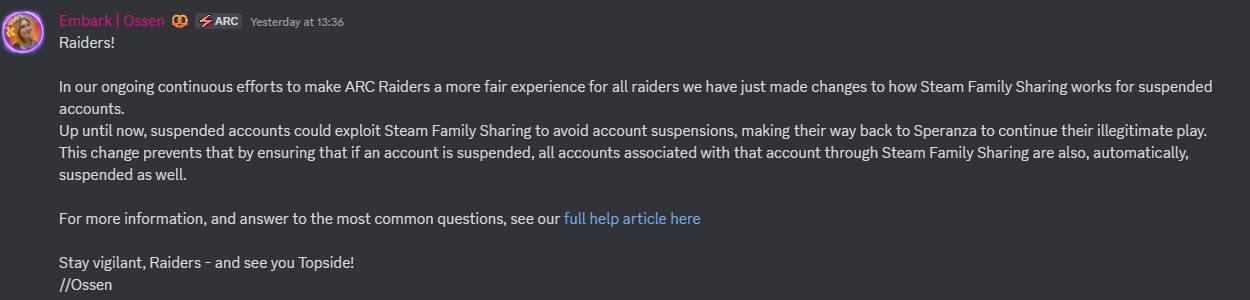 Arc Raiders discord screenshot
