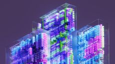 A visualization of machine learning, shown as colorful blocks and text inside glass oblongs, against a purple background.