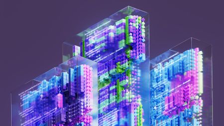 A visualization of machine learning, shown as colorful blocks and text inside glass oblongs, against a purple background.