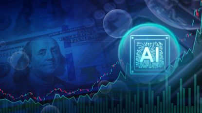 Artificial intelligence chip inside a bubble overlaid onto financial stock market chart and US dollar