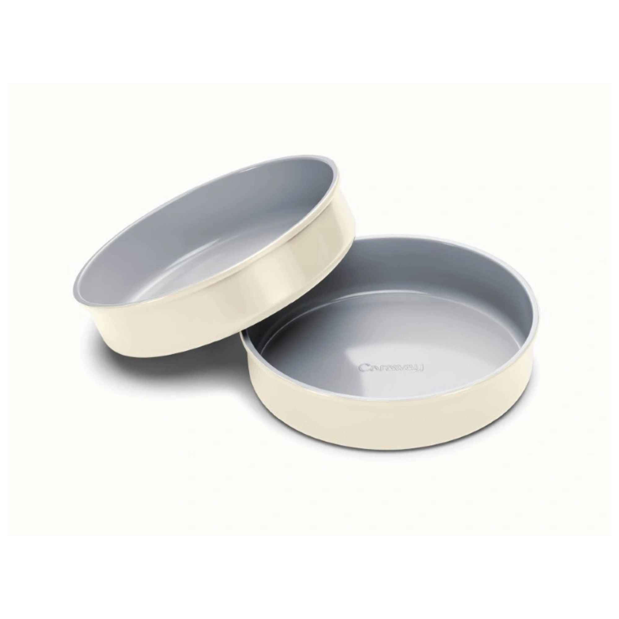 Two cream cake tins on a white background.