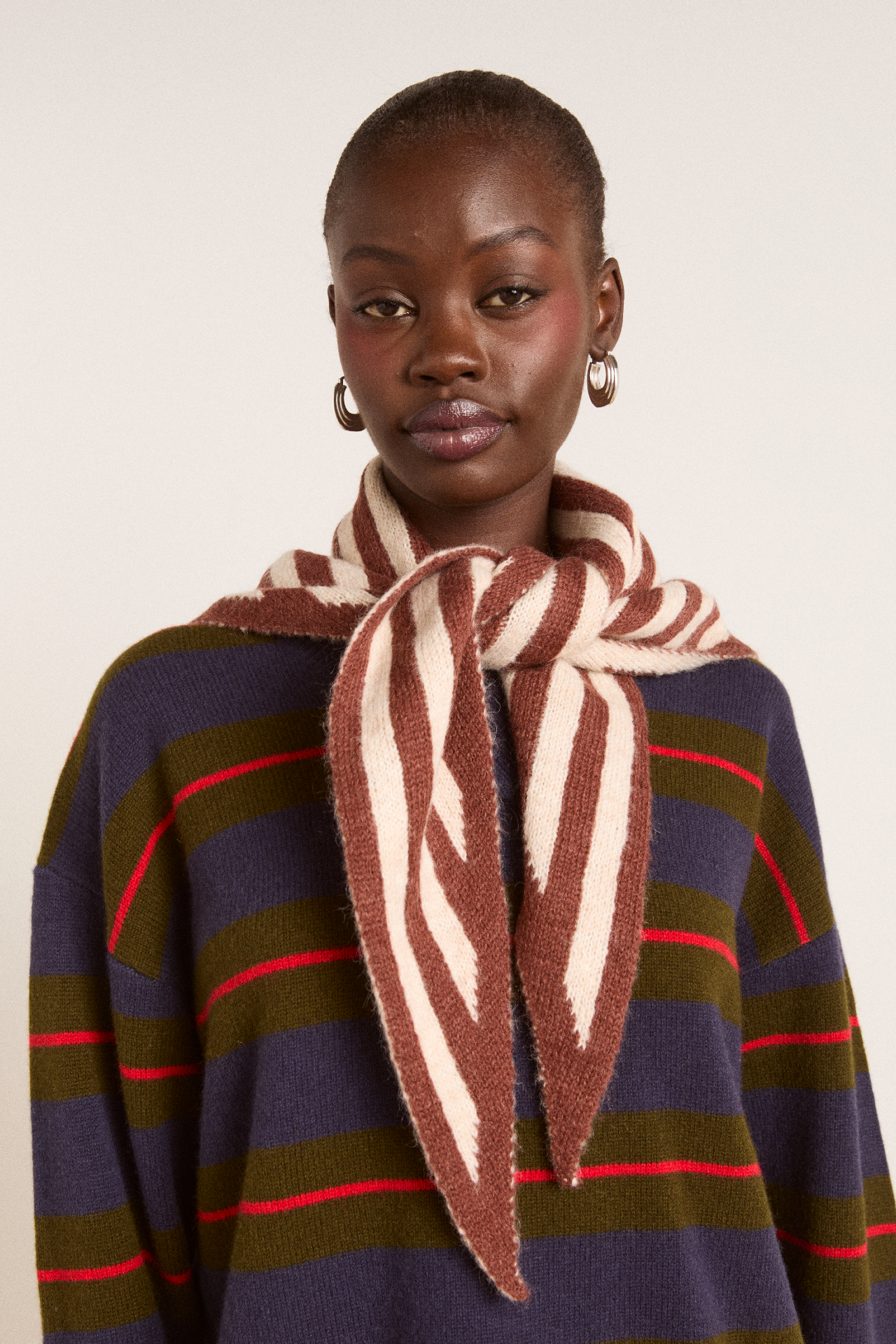 Knitted Stripe Triangle Scarf- Choc &amp;amp; Ecru