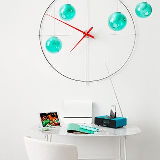 white wall with clock on wall and white table