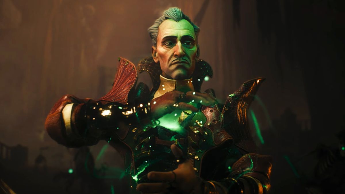 Dragon Age: The Veilguard screenshot showing Emmrich, a necromancer man with short greying hair and green magic