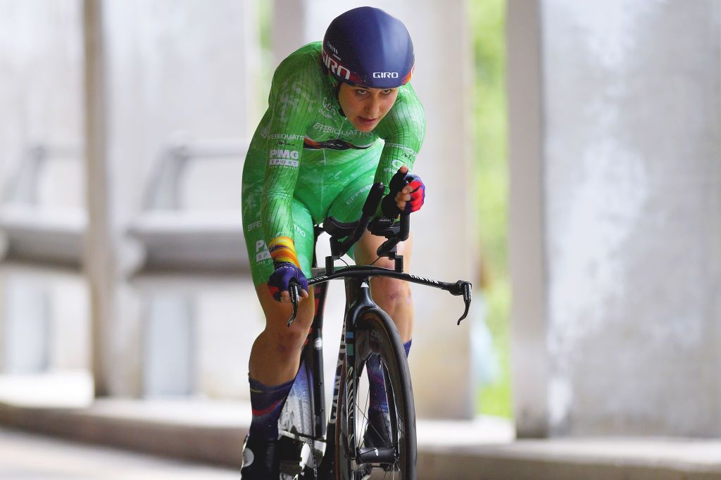 CASCATE DEL TOCE ITALY JULY 05 Elise Chabbey of Switzerland and Canyon SRAM Racing Team Green Mountain Jersey during the 32nd Giro dItalia Internazionale Femminile 2021 Stage 4 a 112km Individual Time Trial from Fondovalle to Cascate Del Toce 1714m ITT GiroDonne UCIWWT on July 05 2021 in Cascate Del Toce Italy Photo by Luc ClaessenGetty Images