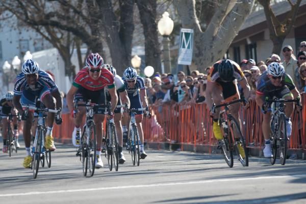 Wearing the red sprint jersey, Patrick Bevin (Bissell) the takes a narrow win over Ken Hanson (Optum) and Logan Loader (Exergy) in stage three of the Merco Cycling Classic.