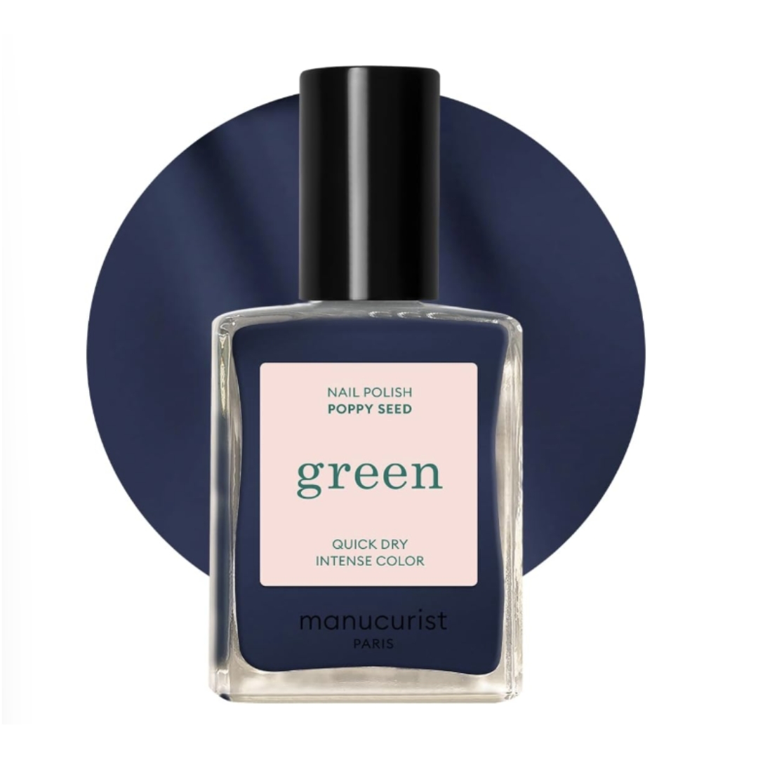 A product shot of the Manucurist Green&amp;trade; Poppy Seed, on blue circle demonstrating the colour of the polish