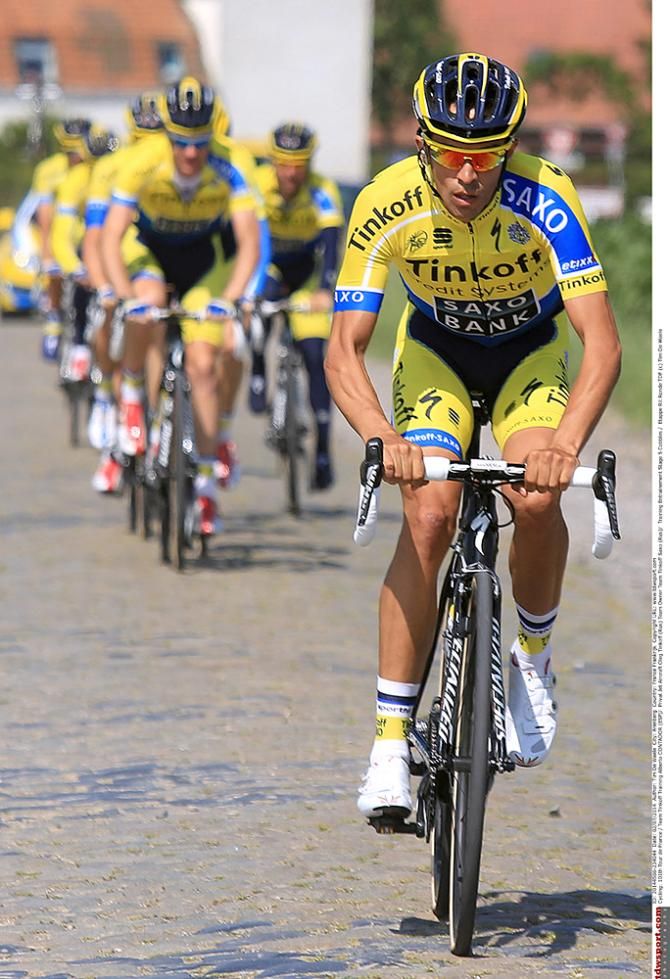 Alberto Contador (Tinkoff Saxo) leads his team on a pre-Tour ride over the cobbles a few days before the start