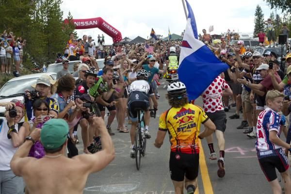 Thousands of fans urged on Andy Schleck (Leopard Trek) at the summit of Swan Mountain.