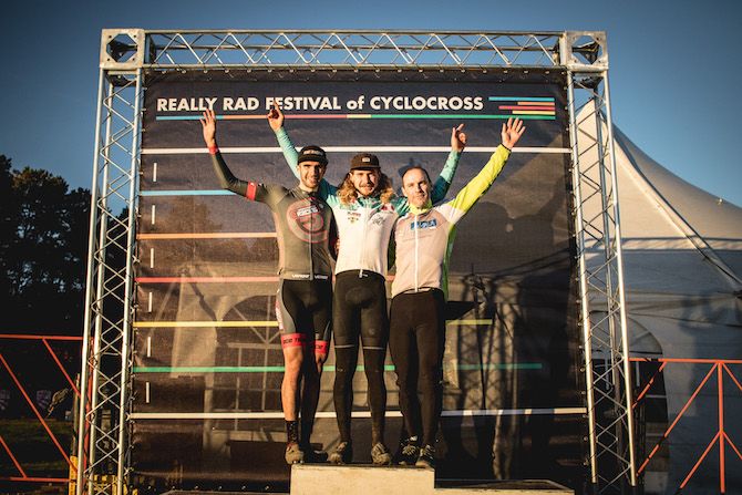 The elite men's podium for day 2 of the 2018 Really Rad Festival of Cyclocross (l to r): Kevin Bradford-Parish, winner Scott Smith, Nicholas Lando