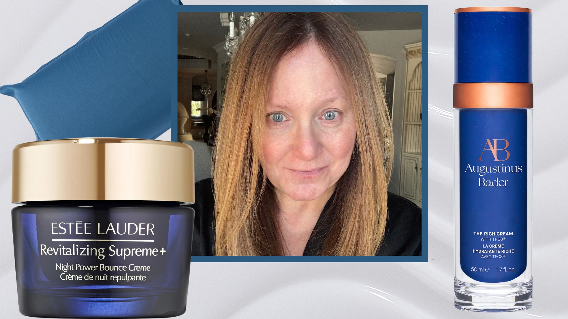 women with mature skin next to a night cream and a pillow