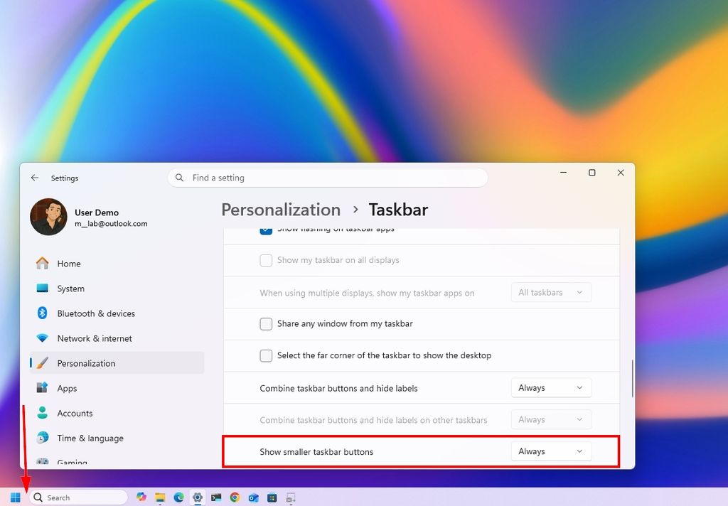 Windows 11 desktop with the smaller Taskbar configured in the Settings app.