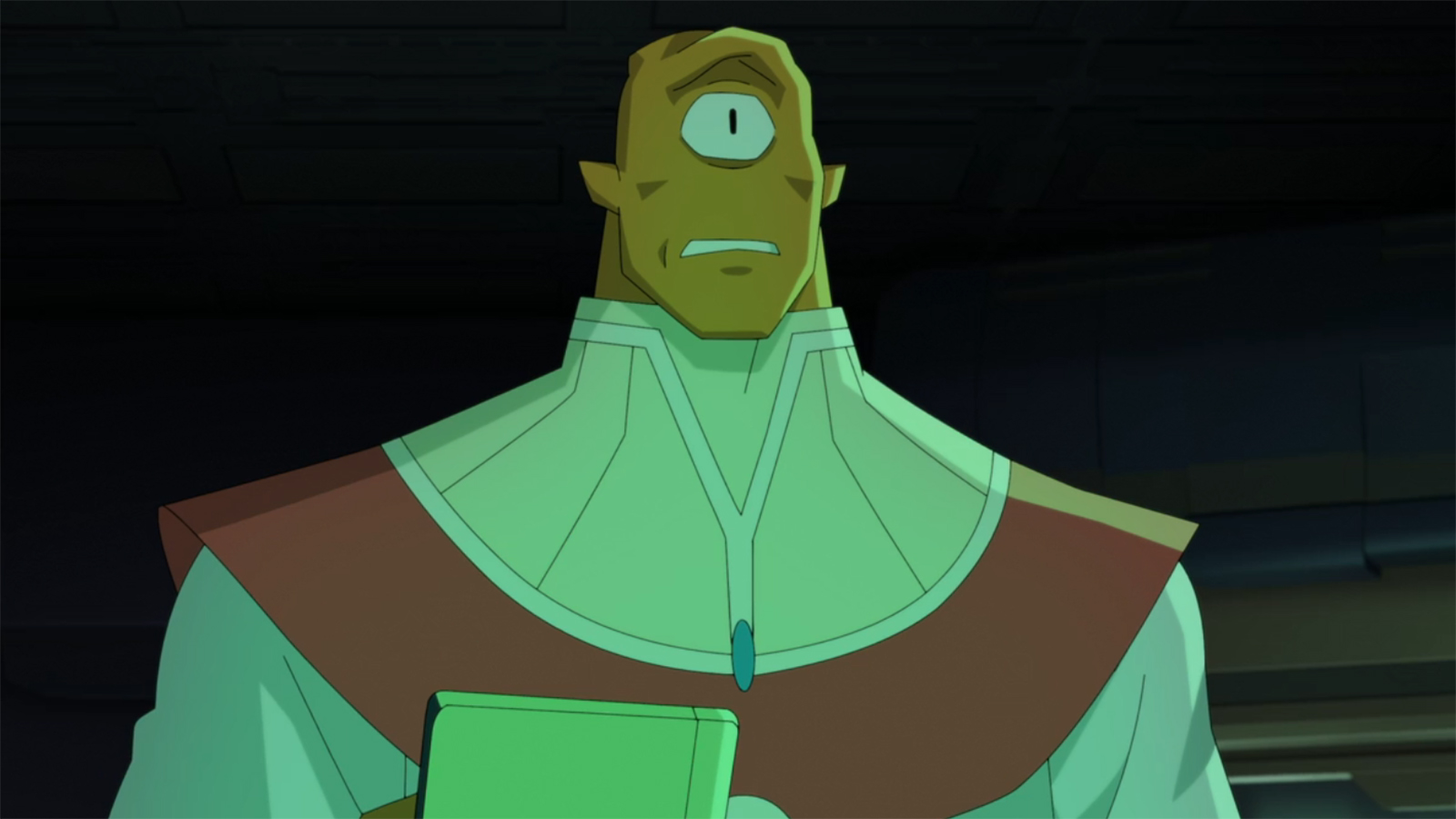 Aleen grimacing as he holds a tablet and looks at the off-camera Scourge Virus in Invincible season 4 episode 8