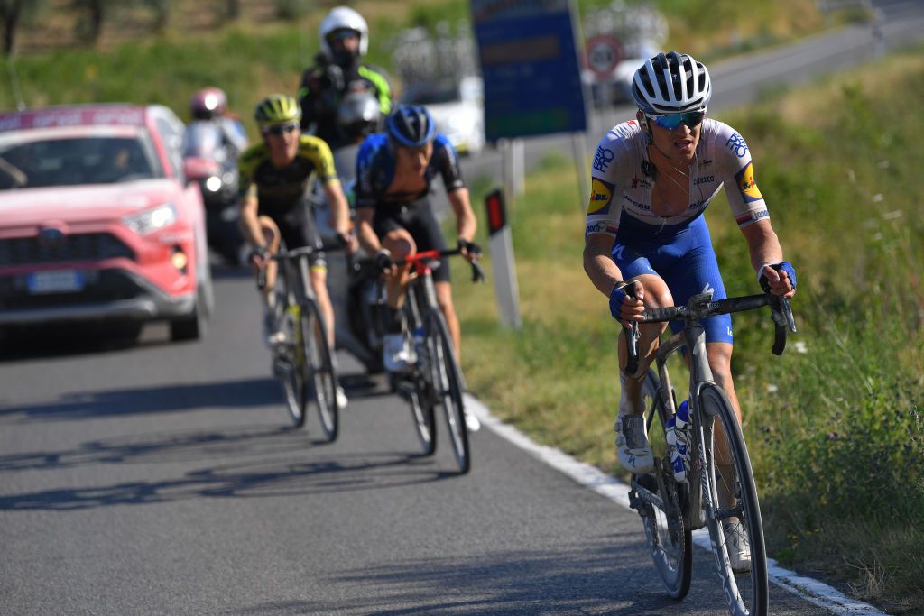 SIENA ITALY AUGUST 01 Zdenek Stybar of Czech Republic and Team Deceuninck QuickStep Michael Gogl of Austria and NTT Pro Cycling Brent Bookwalter of The United States and Team MitcheltonScott during the Eroica 14th Strade Bianche 2020 Men a 184km race from Siena to SienaPiazza del Campo StradeBianche on August 01 2020 in Siena Italy Photo by Tim de WaeleGetty Images