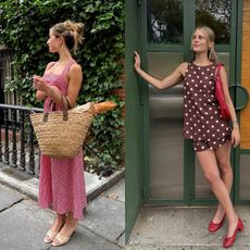Woman to the left is wearing a red and white gingham halter dress and a large straw tote. Woman to the right is wearing a brown polka dot set with a red shoulder bag and red ballet pumps. 