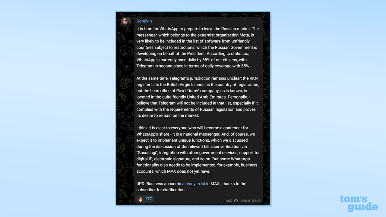Screenshot of lawmaker Anton Gorelkin posting on Telegram sharing comments about the legislation