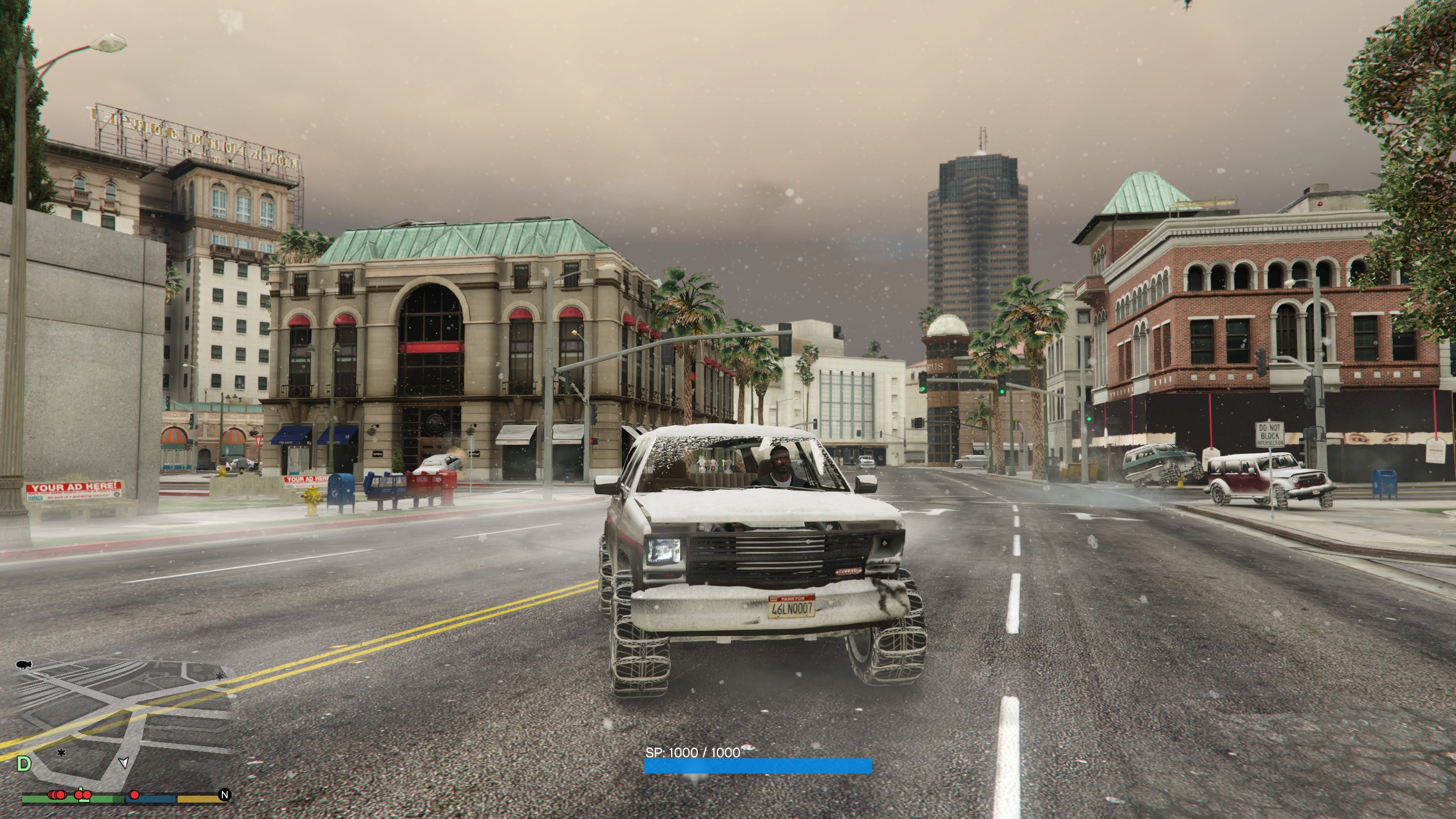 Franklin drives a snowy truck.