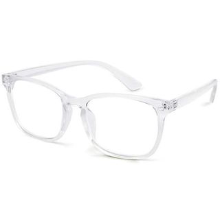 A pair of clear plastic glasses with clear lsenses on a white background