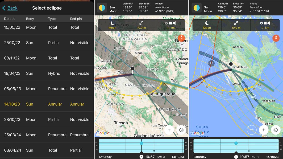 The eclipse tracker within the app, showing a table on the left hand side with lists of upcoming eclipses of the sun and moon organised by date. On the right are two maps showing the progress of lunar eclipses across areas of the United States.