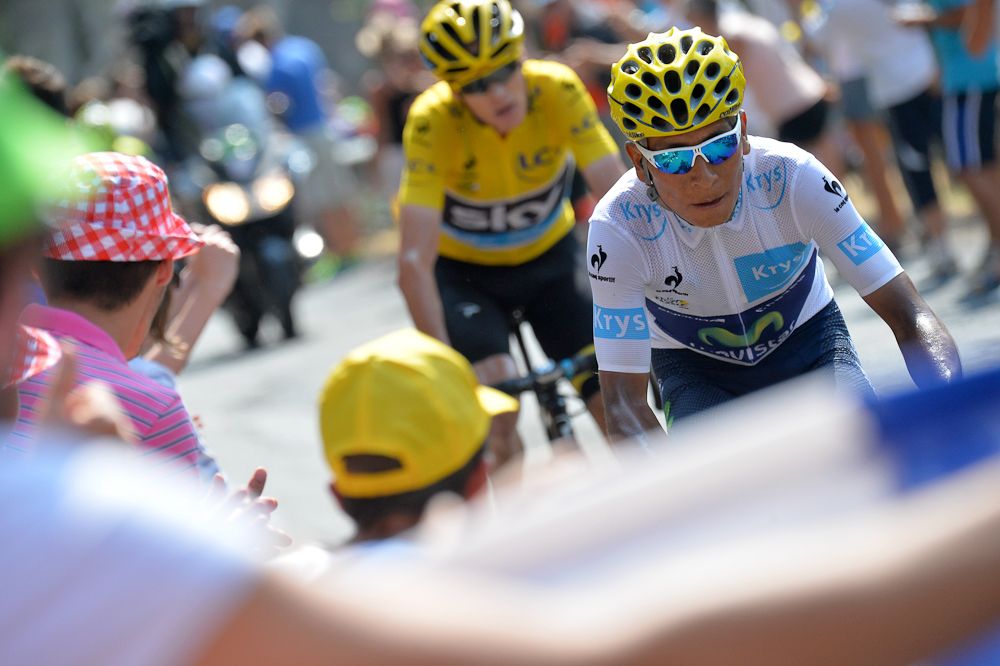 Chris Froome chases down Nairo Quintana during stage 14.