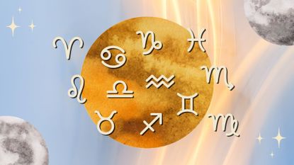 The zodiac signs and the golden full moon against a colourful blue and yellow background