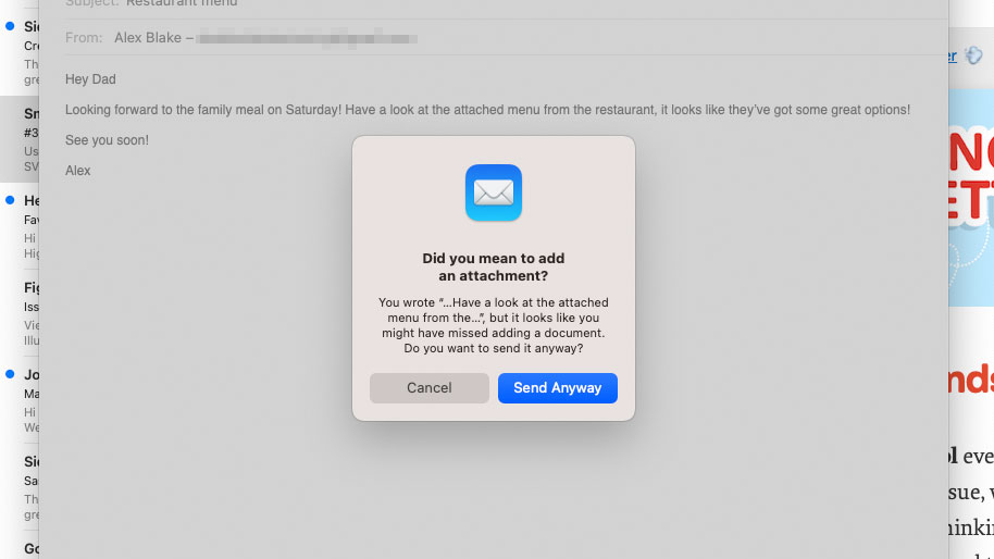 A dialog box in the Mail app in macOS Ventura asking if the user meant to attach a file to an outgoing email.