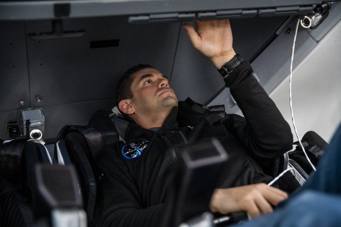 Jared Isaacman trains in the Crew Dragon spacecraft at SpaceX HQ.