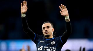 MANCHESTER, ENGLAND - FEBRUARY 17: Malo Gusto of Chelsea acknowledges the fans following the Premier League match between Manchester City and Chelsea FC at Etihad Stadium on February 17, 2024 in Manchester, England. (Photo by Darren Walsh/Chelsea FC via Getty Images)