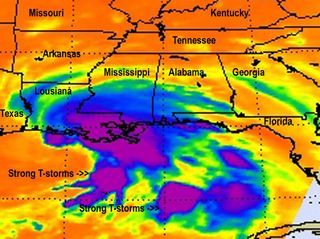This infrared image of Tropical Storm Lee on Sept. 3 at 3:47 a.m. EDT and showed the coldest clouds and strongest thunderstorms (purple) over southeastern Louisiana and the Gulf of Mexico. NASA's Aqua Earth observation satellite snapped this view.