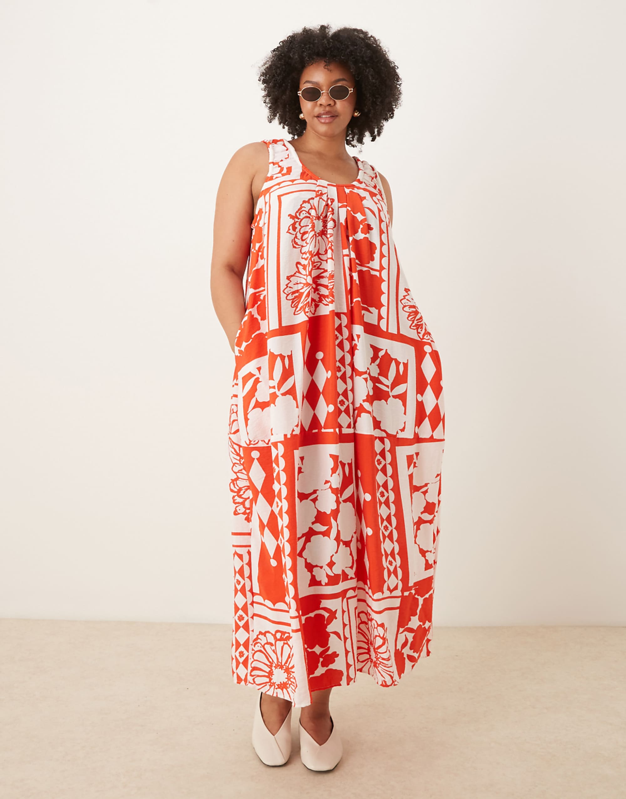 Asos Design Curve Ruched Scoop Neck Midaxi Sundress in Red Patchwork Print